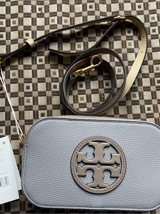 Tory Burch Handbags - Tory Burch Mini Miller Two Tone Light Gray & Beige Leather Crossbody